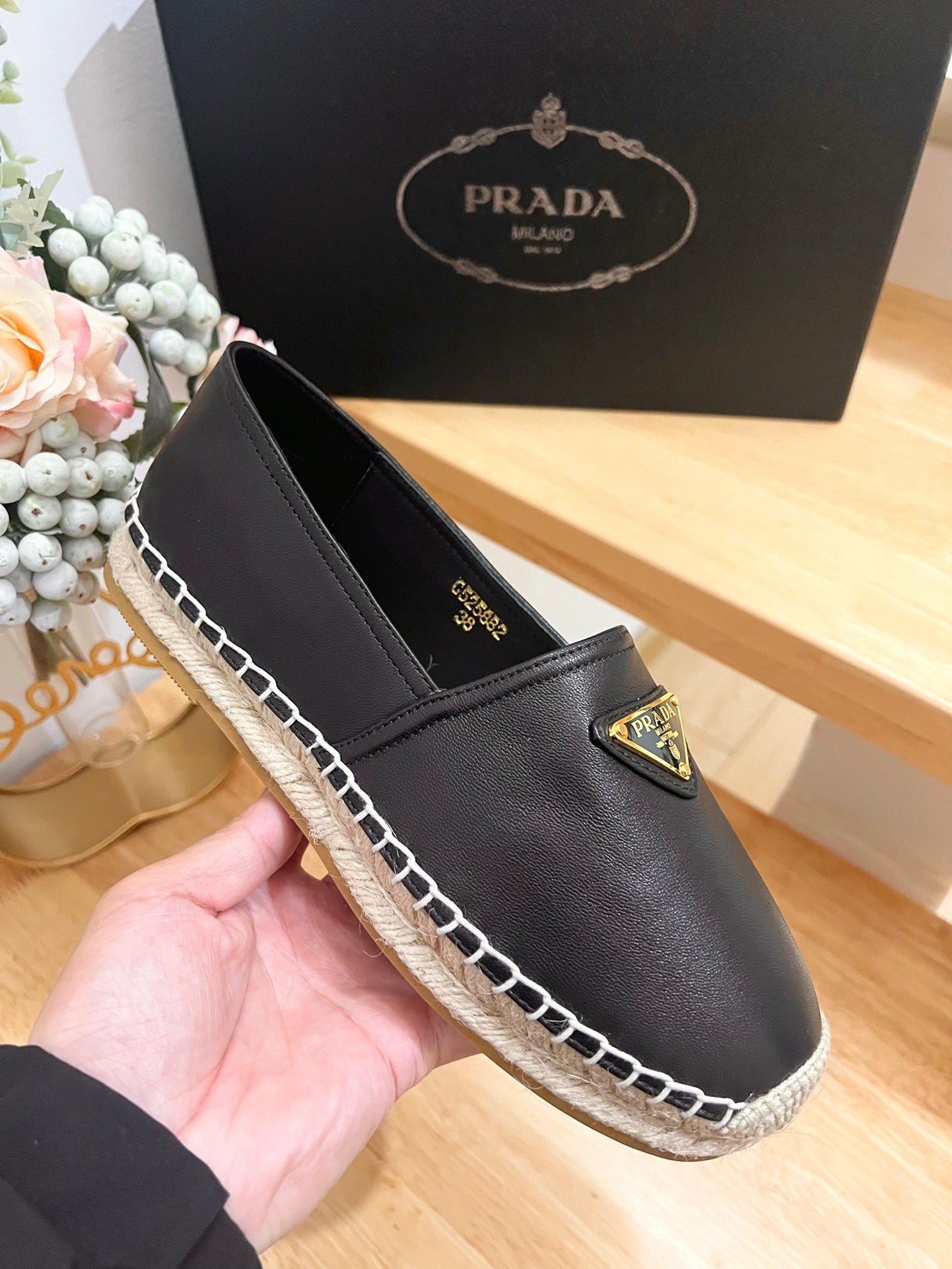 PRADA 26S LOGO ESPADRILLE SLIP ON FLATS IN BLACK CALFSKIN