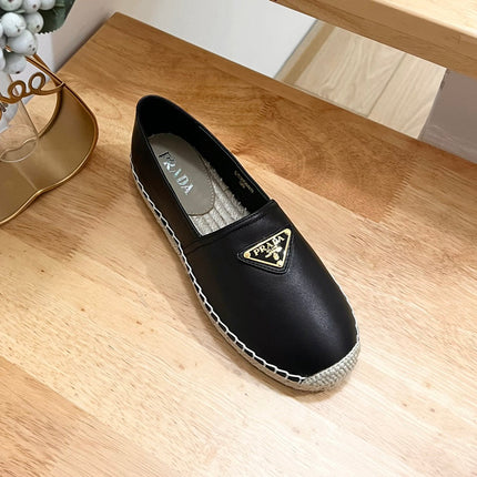 PRADA 26S LOGO ESPADRILLE SLIP ON FLATS IN BLACK CALFSKIN