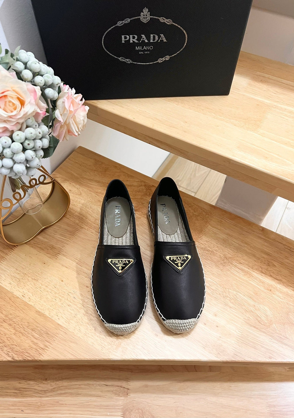 PRADA 26S LOGO ESPADRILLE SLIP ON FLATS IN BLACK CALFSKIN