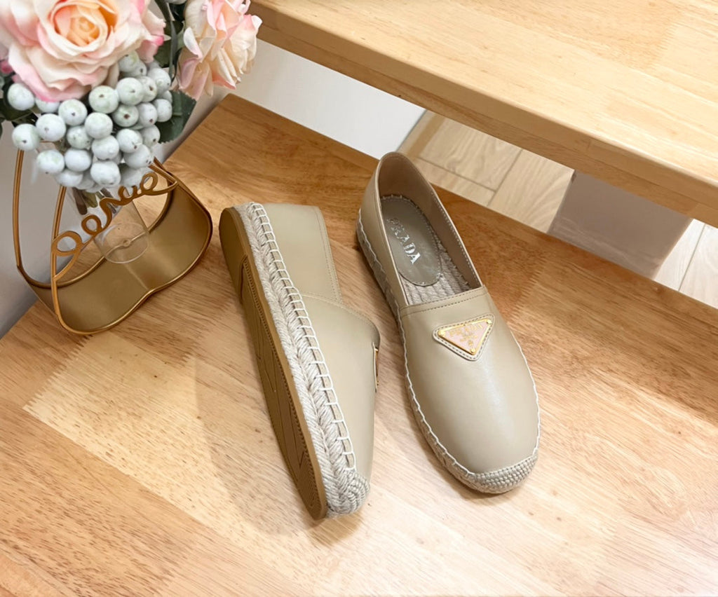 PRADA 26S LOGO ESPADRILLE SLIP ON FLATS IN DARK BEIGE CALFSKIN