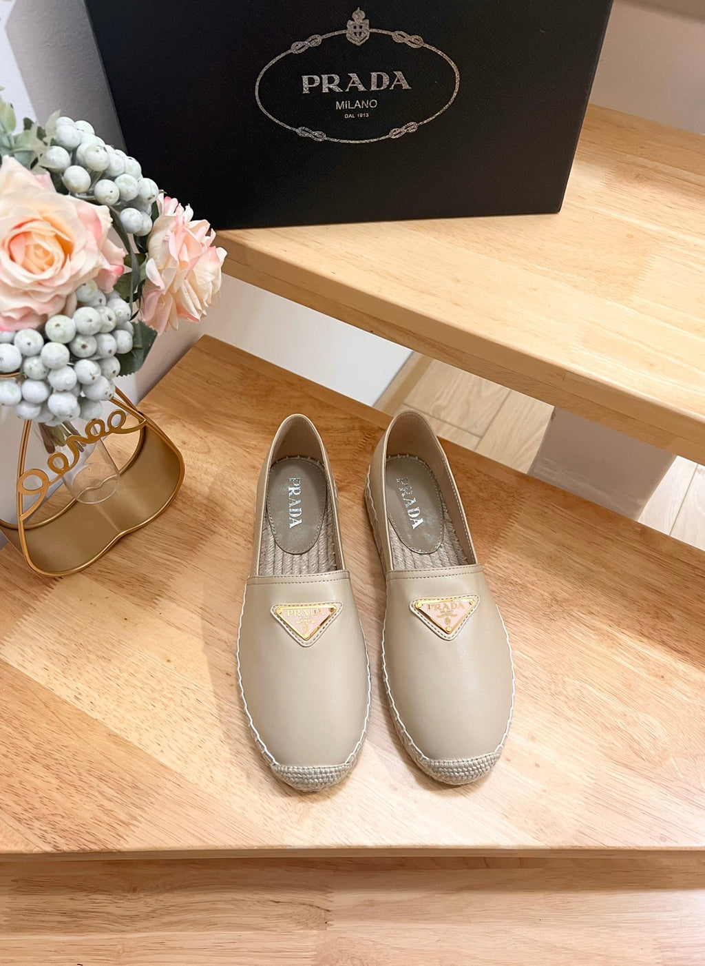 PRADA 26S LOGO ESPADRILLE SLIP ON FLATS IN DARK BEIGE CALFSKIN