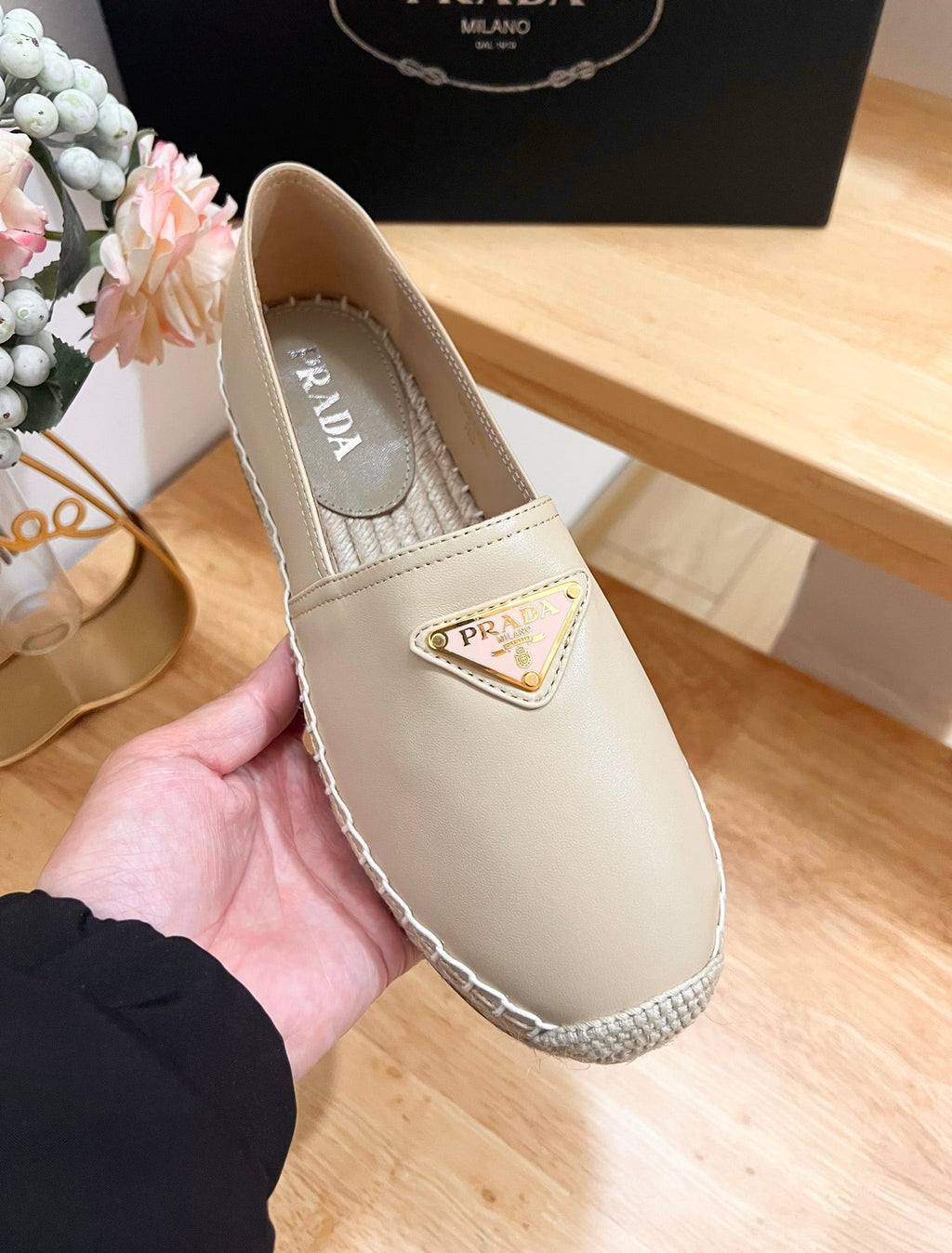PRADA 26S LOGO ESPADRILLE SLIP ON FLATS IN DARK BEIGE CALFSKIN