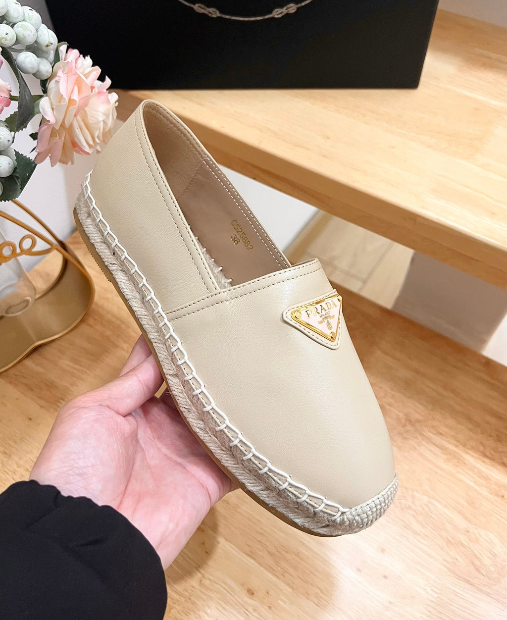 PRADA 26S LOGO ESPADRILLE SLIP ON FLATS IN DARK BEIGE CALFSKIN