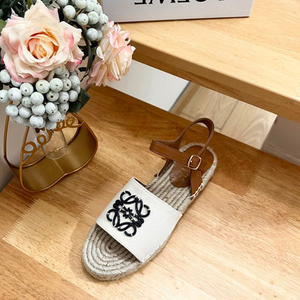 Loew Anagram Black logo White Brown Beige Leather And Canvas Espadrille Sandals