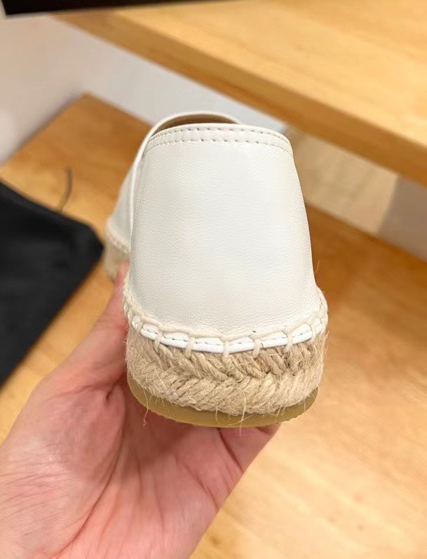 PRADA 26S EMBROIDERED LOGO ESPADRILLE FLATS IN WHITE CALFSKIN
