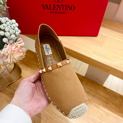 VALENTINO 26S SLIP ON SHOES IN BROWN CANVAS WITH ROCKSTUDS