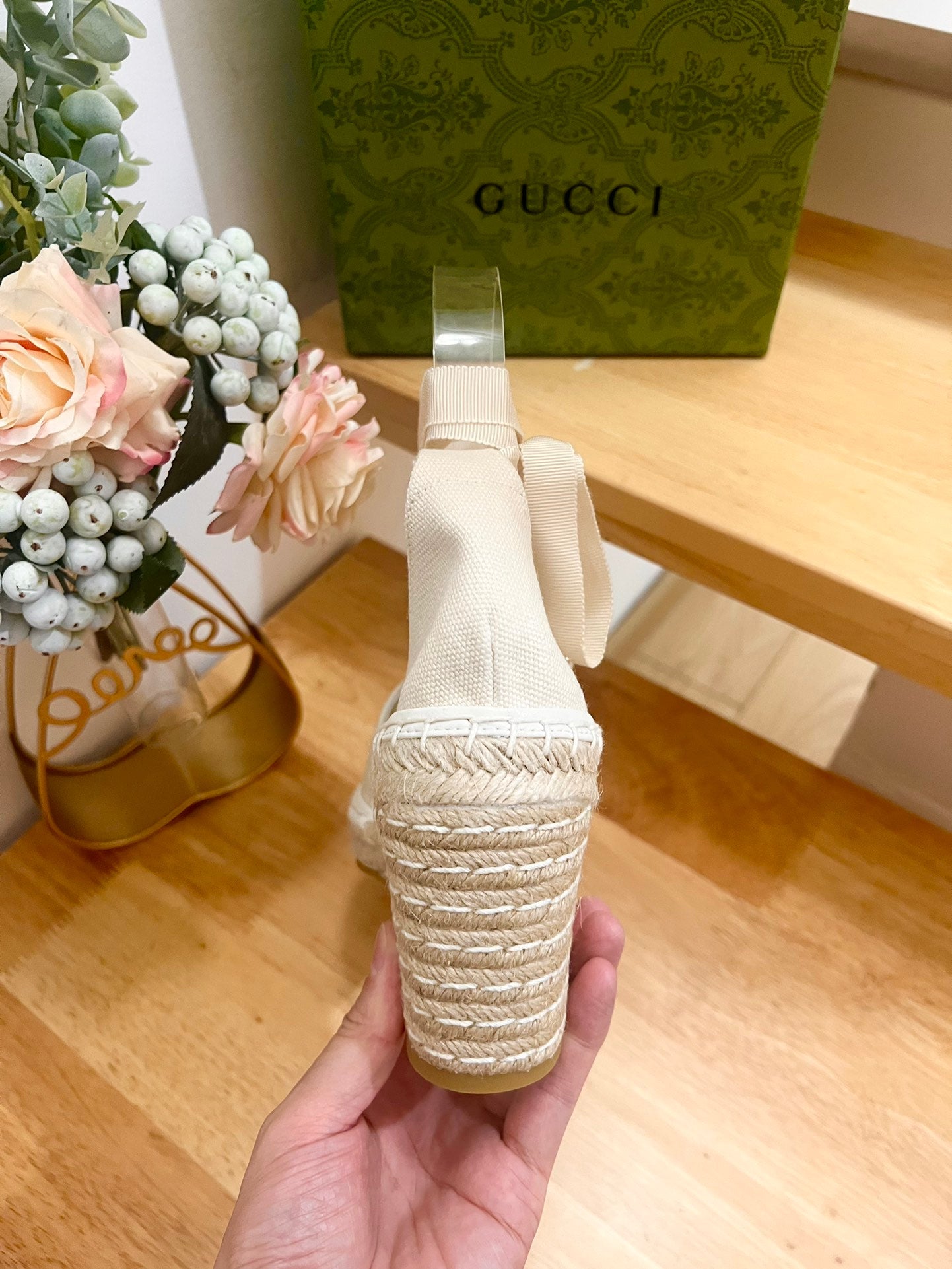 PLATFORM WITH RHINESTONE LOGO IN CREAM BEIGE CANVAS AND STRAW LINING