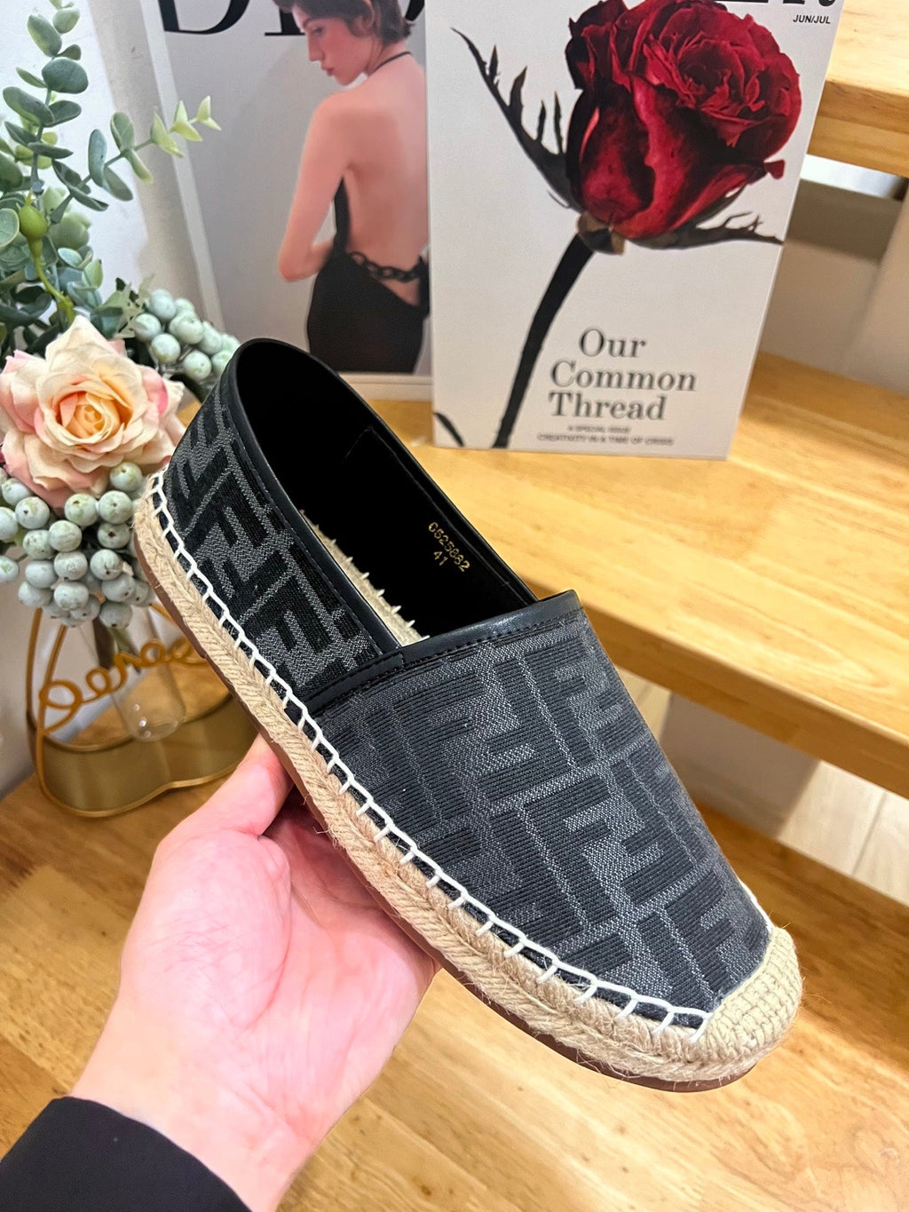 FENDI 26S ESPADRILLE LOAFERS IN BLACK CANVAS STYLE 5
