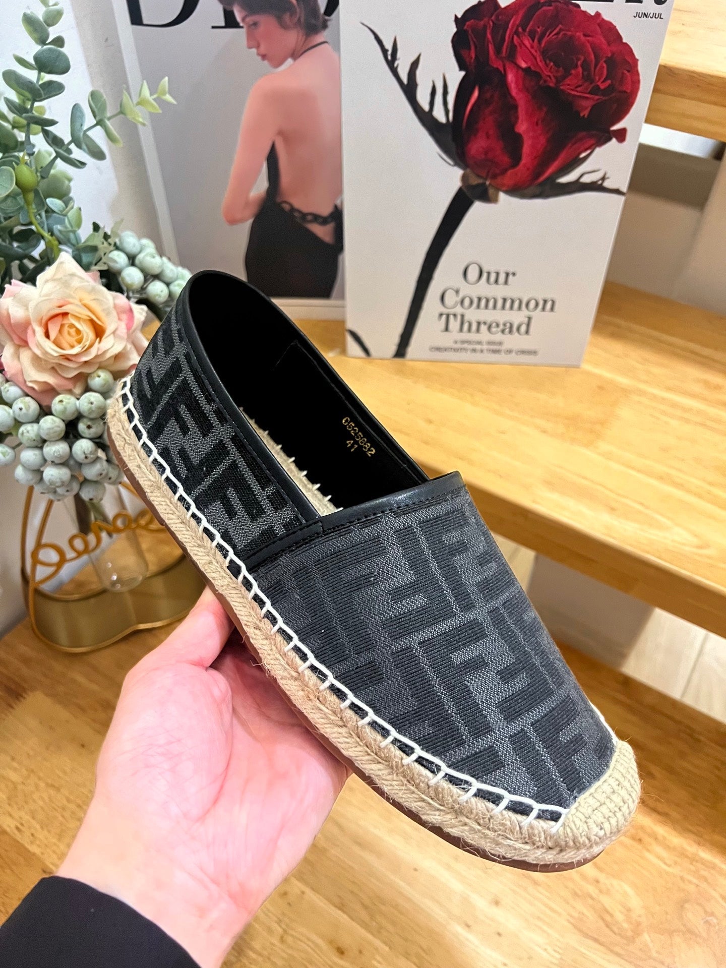 FENDI 26S ESPADRILLE LOAFERS IN BLACK CANVAS STYLE 5