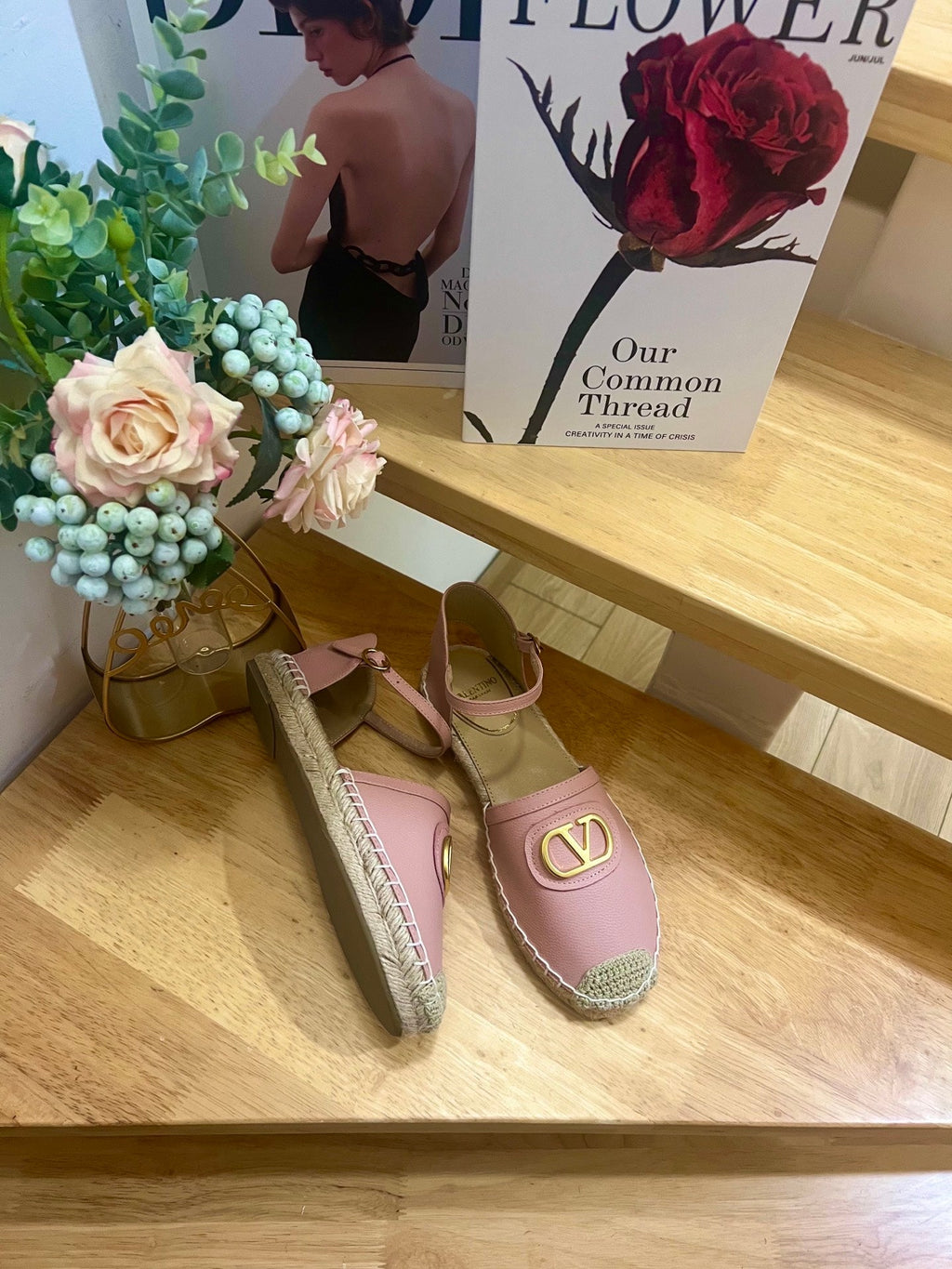 VALENTINO 26S ESPADRILLE SHOES IN LIGHT PINK CALFSKIN