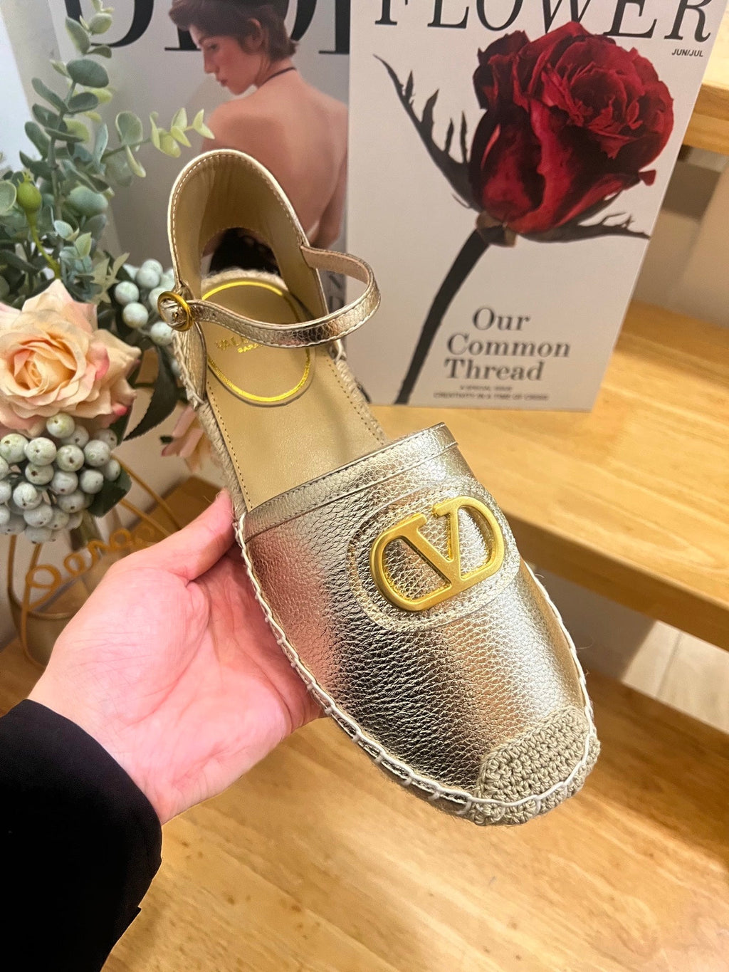 VALENTINO 26S ESPADRILLE SHOES IN METALLIC GOLD CALFSKIN
