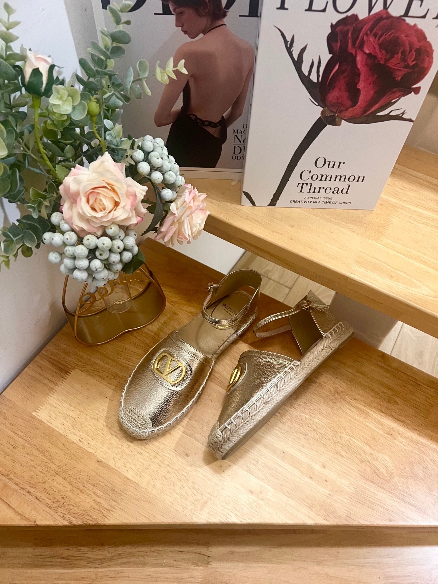 VALENTINO 26S ESPADRILLE SHOES IN METALLIC GOLD CALFSKIN