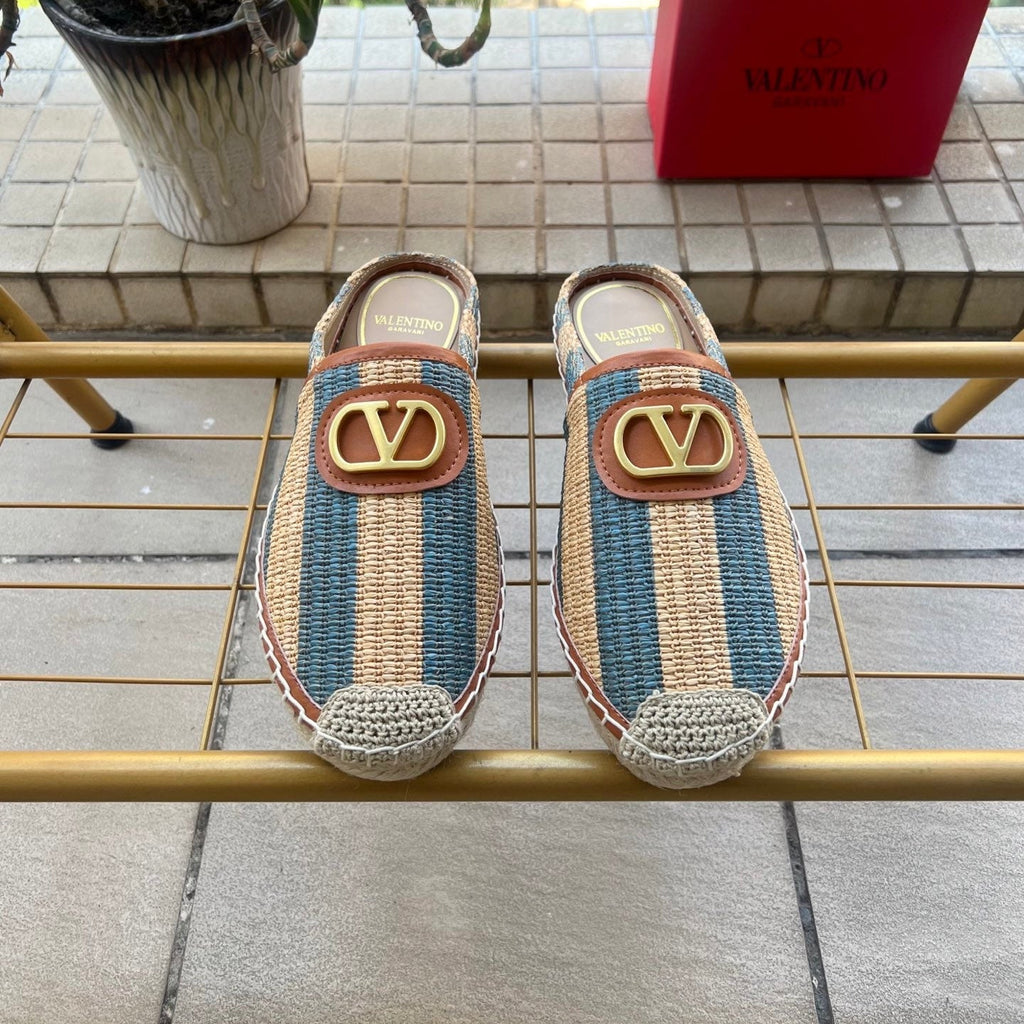 VALENTINO 26S ESPADRILLE MULES IN BLUE AND BEIGE RAFFIA