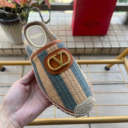 VALENTINO 26S ESPADRILLE MULES IN BLUE AND BEIGE RAFFIA