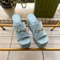 GUCCI 26S WEDGE SANDALS 100 MM IN LIGHT BLUE DENIM
