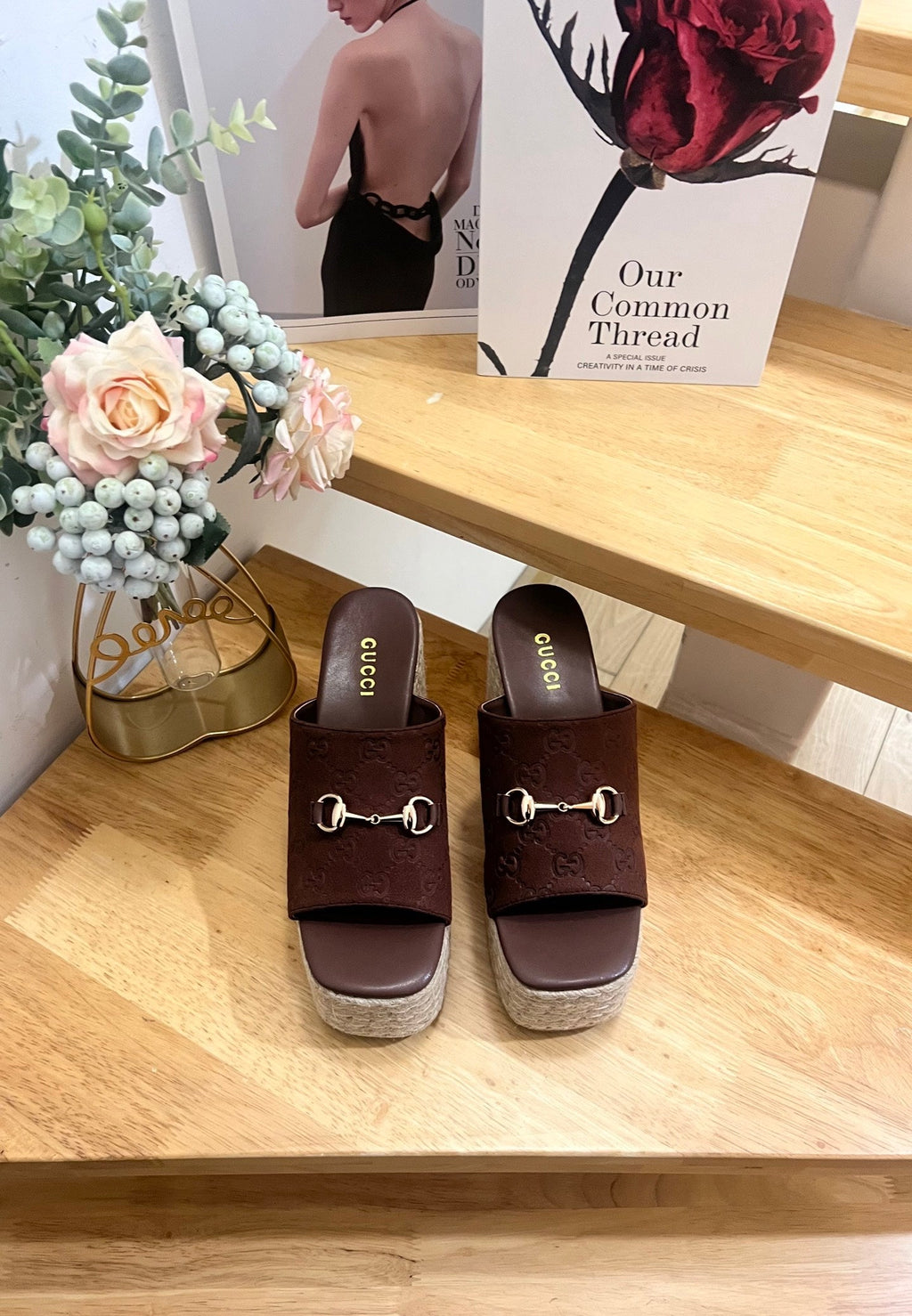 GUCCI 26S WEDGE SANDALS 100 MM IN BROWN SUEDE