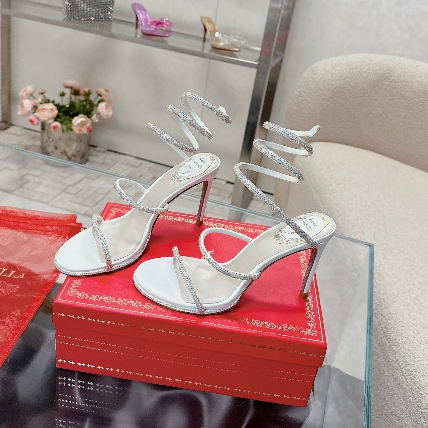 FLORIANE SANDAL 75 MM IN WHITE AND SILVER
