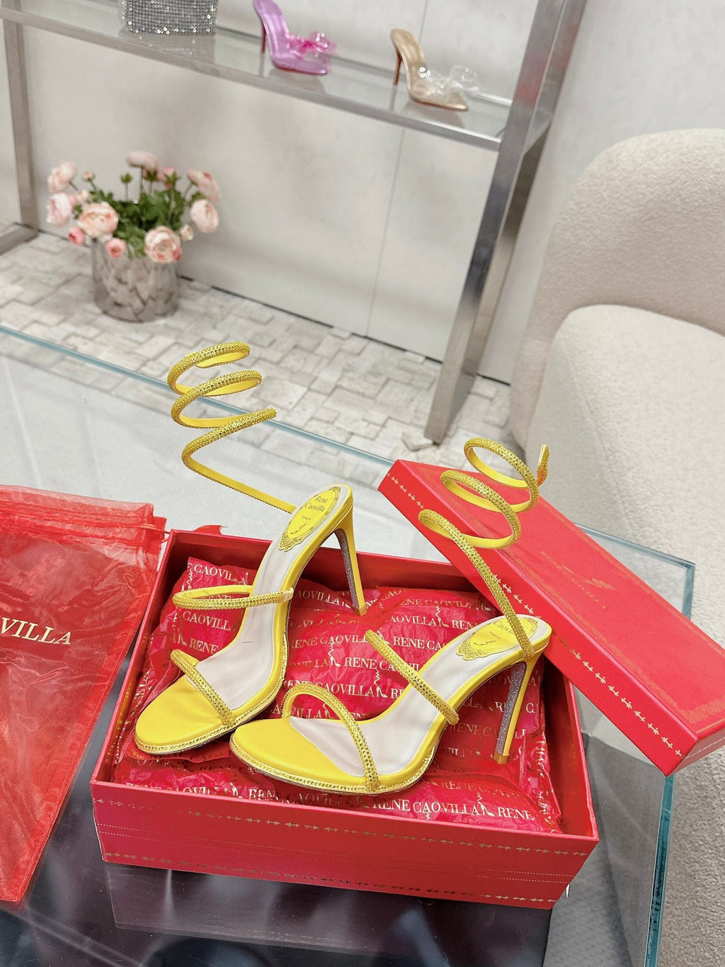 RENE CAOVILLA 26S STILETTO SANDALS 95 MM IN YELLOW LAMBSKIN