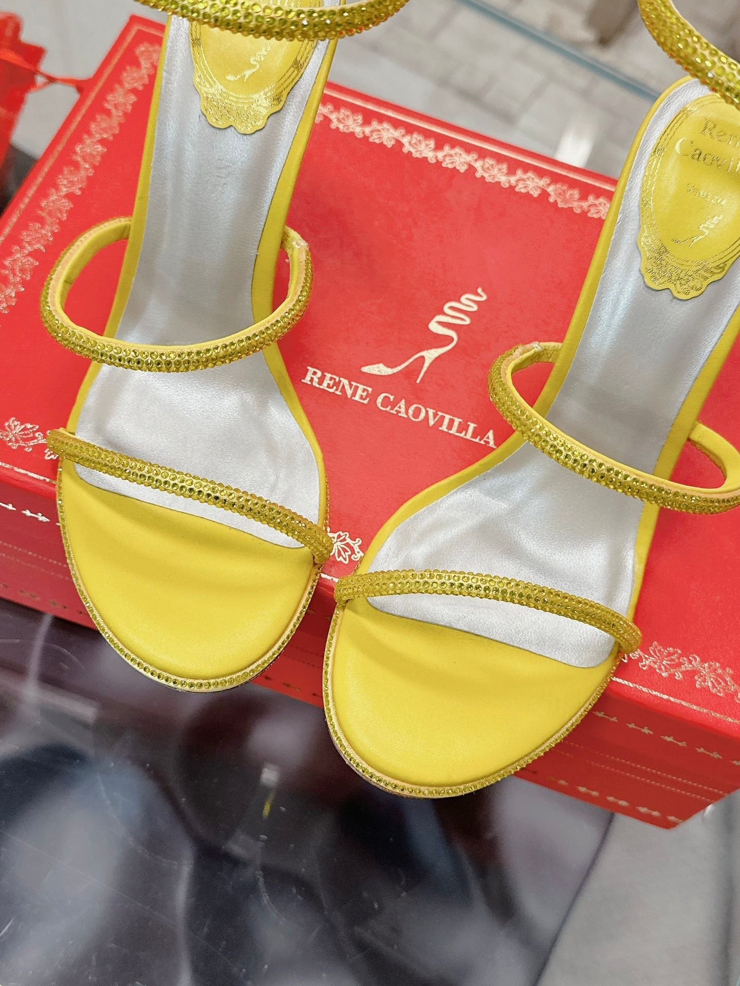 RENE CAOVILLA 26S STILETTO SANDALS 95 MM IN YELLOW LAMBSKIN