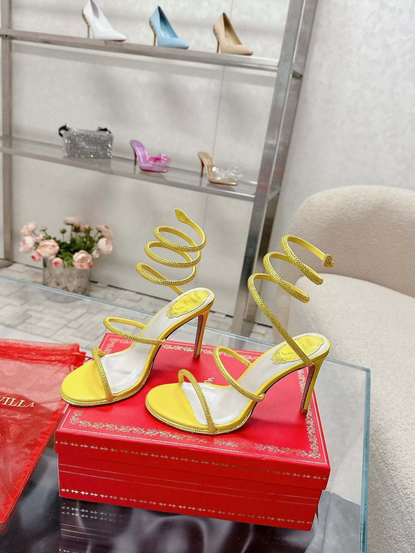 RENE CAOVILLA 26S STILETTO SANDALS 95 MM IN YELLOW LAMBSKIN