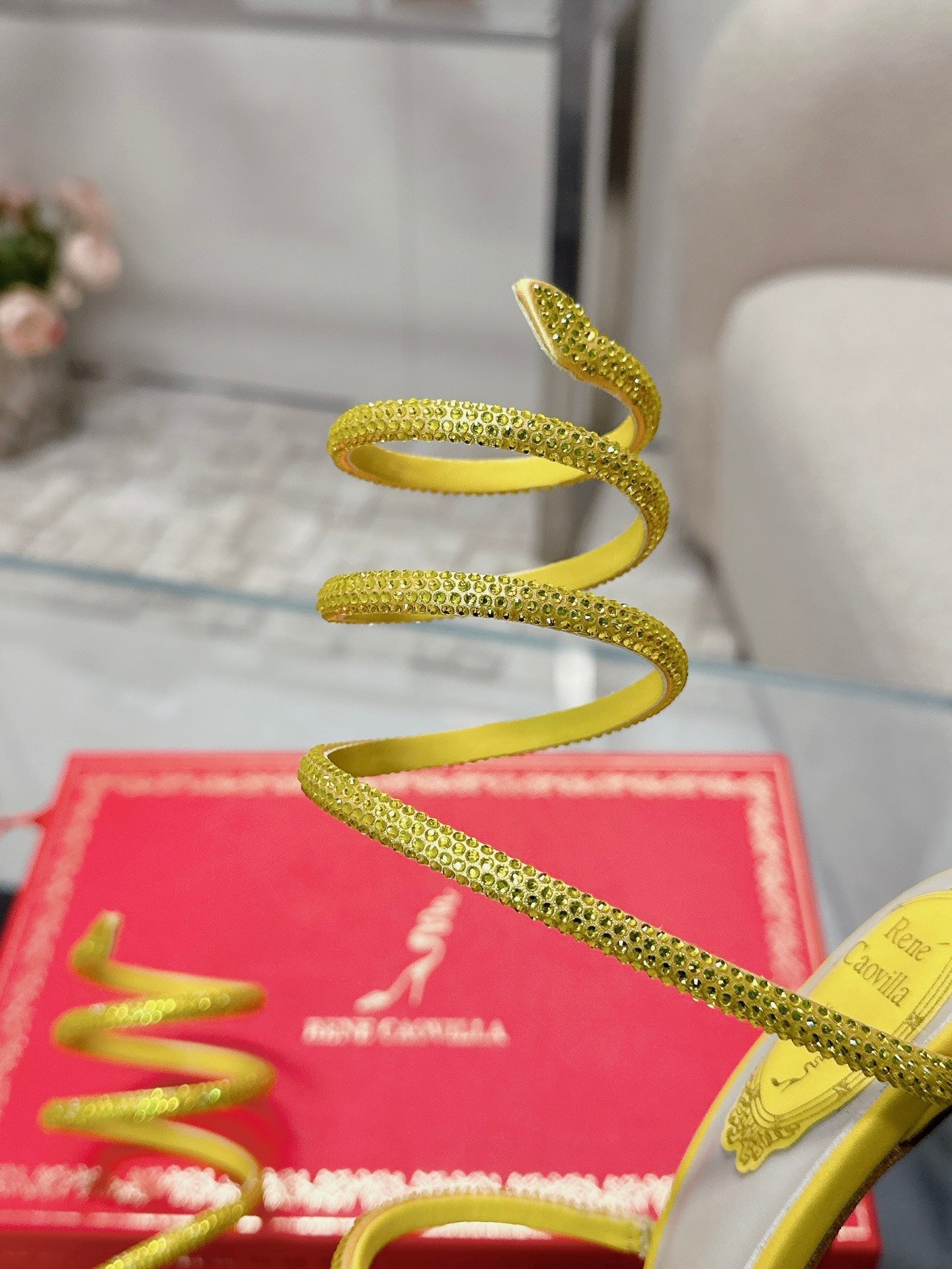 RENE CAOVILLA 26S STILETTO SANDALS 95 MM IN YELLOW LAMBSKIN