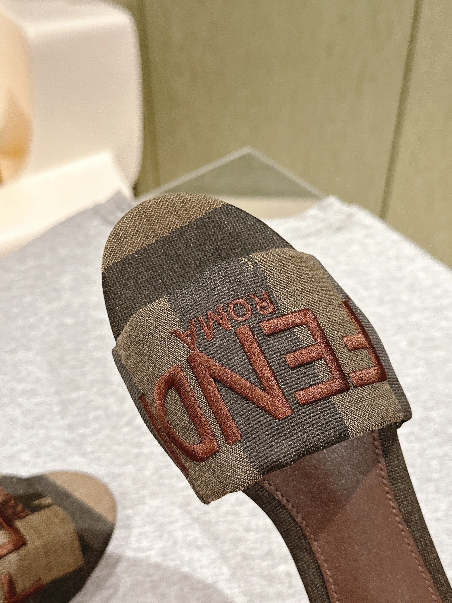 FENDI 26S SLIDE SANDALS IN KHAKI & DARK BROWN CANVAS