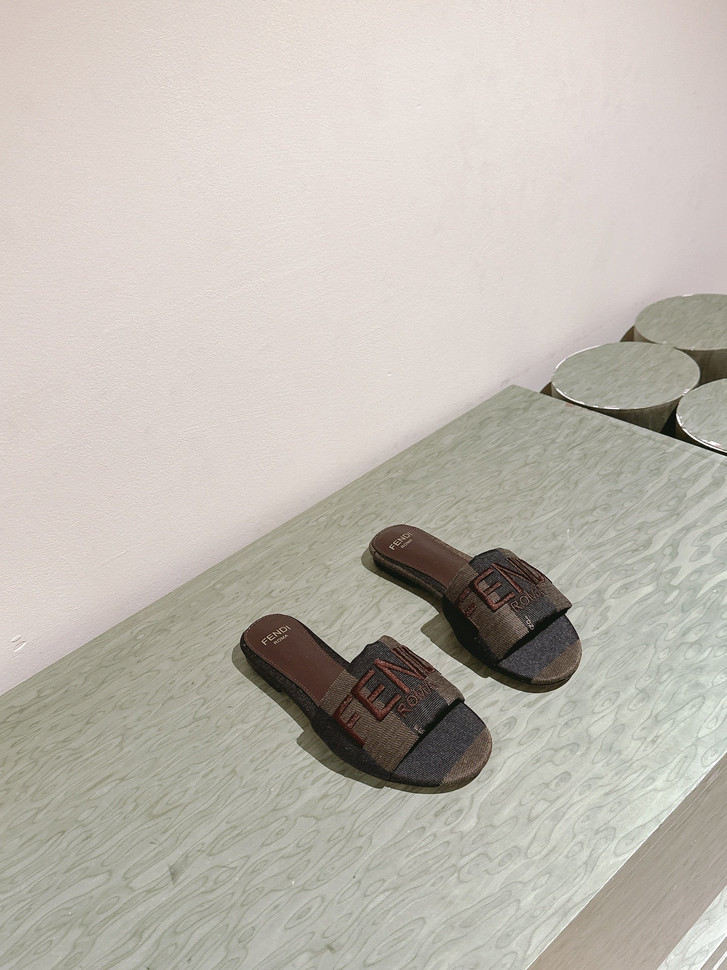 FENDI 26S SLIDE SANDALS IN KHAKI & DARK BROWN CANVAS