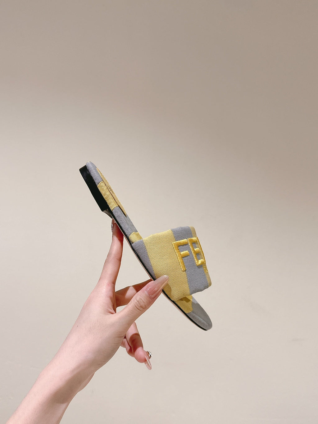FENDI 26S SLIDE SANDALS IN YELLOW AND GREY CANVAS