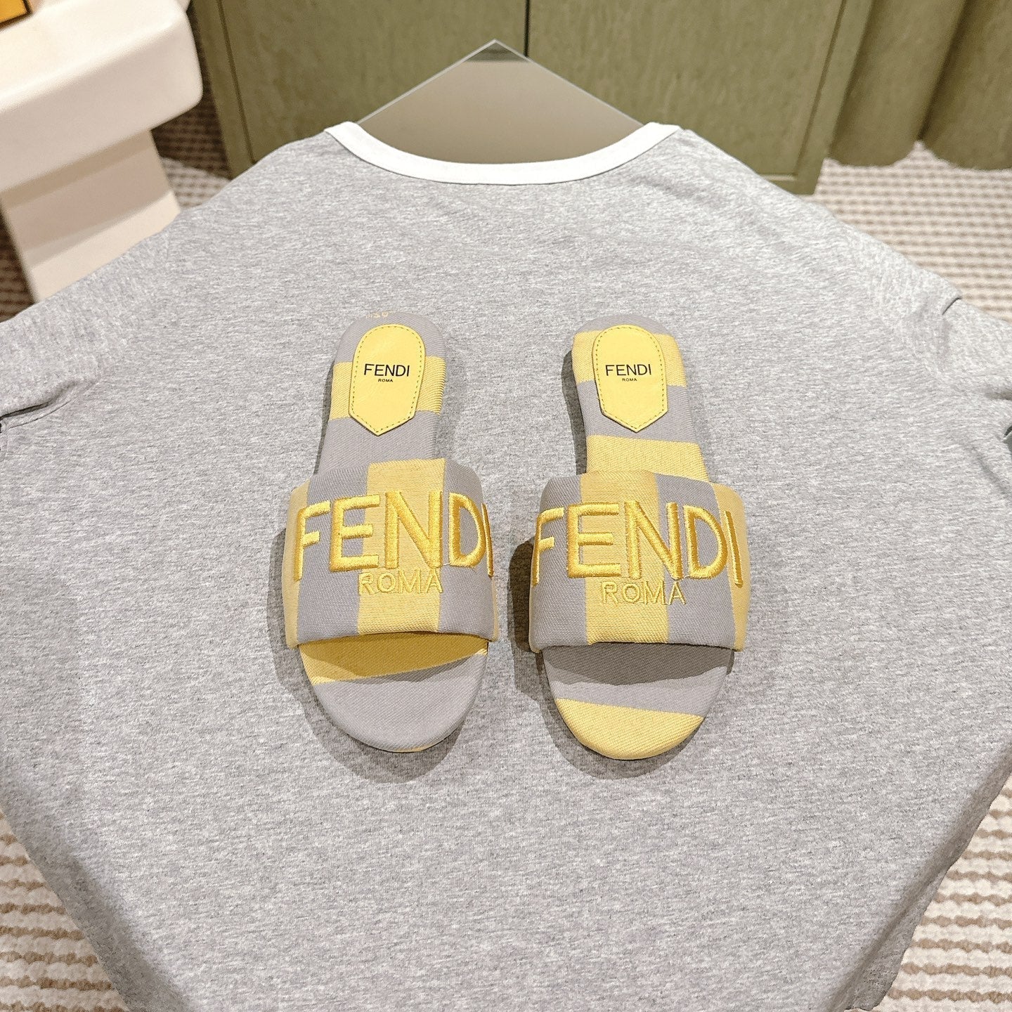 FENDI 26S SLIDE SANDALS IN YELLOW AND GREY CANVAS