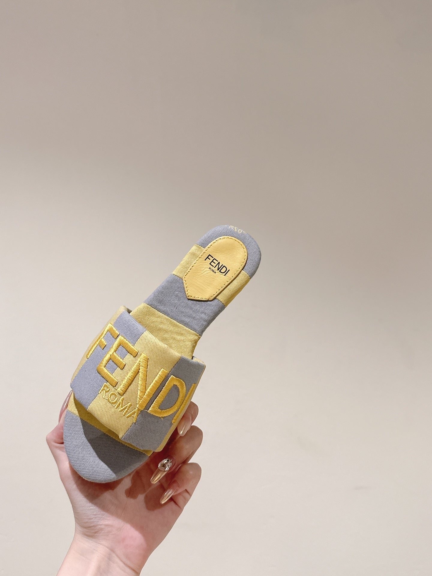 FENDI 26S SLIDE SANDALS IN YELLOW AND GREY CANVAS