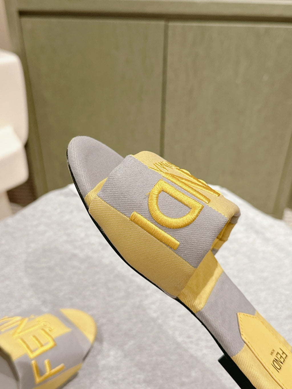 FENDI 26S SLIDE SANDALS IN YELLOW AND GREY CANVAS