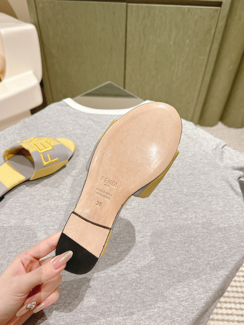 FENDI 26S SLIDE SANDALS IN YELLOW AND GREY CANVAS