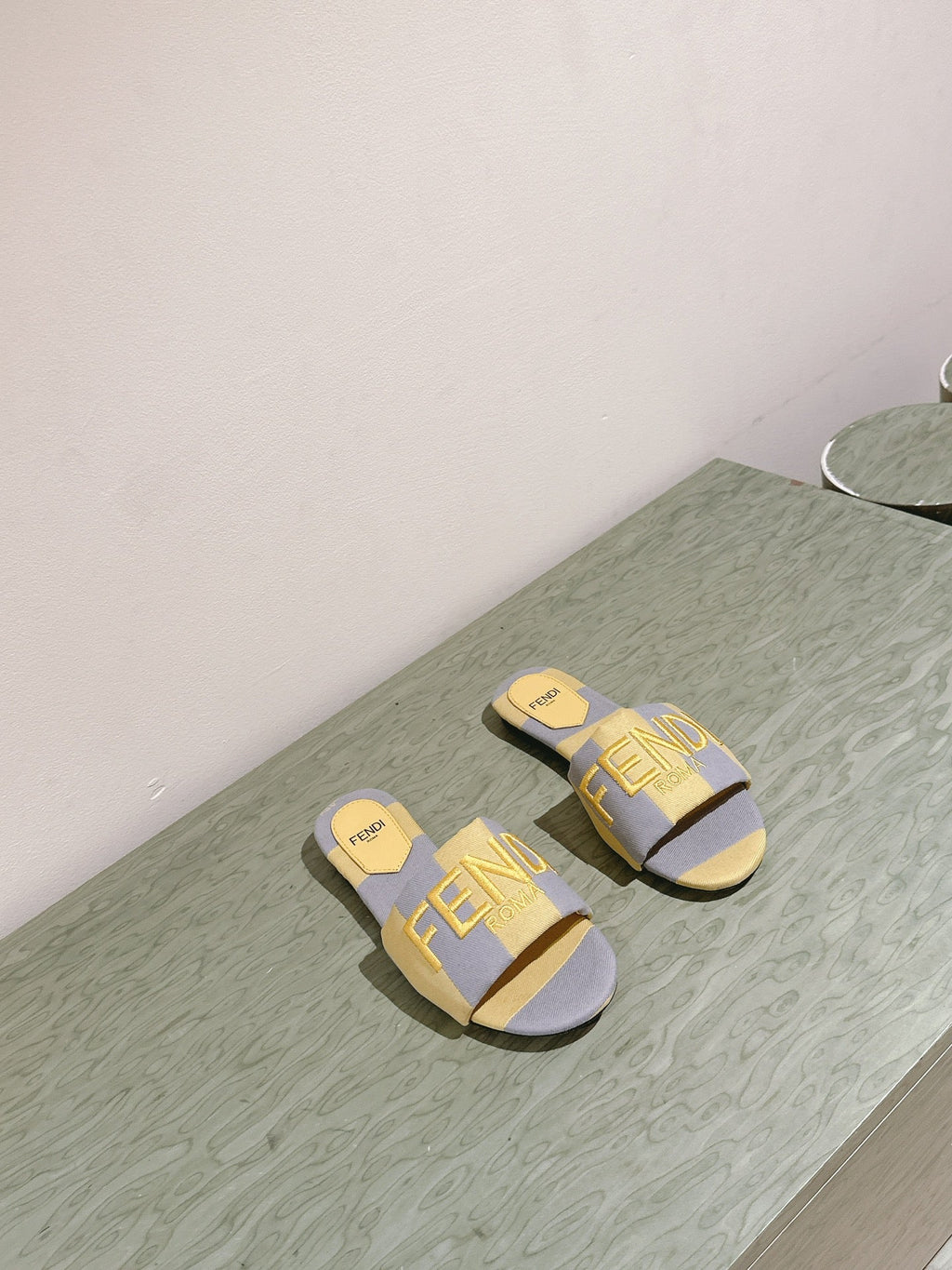 FENDI 26S SLIDE SANDALS IN YELLOW AND GREY CANVAS