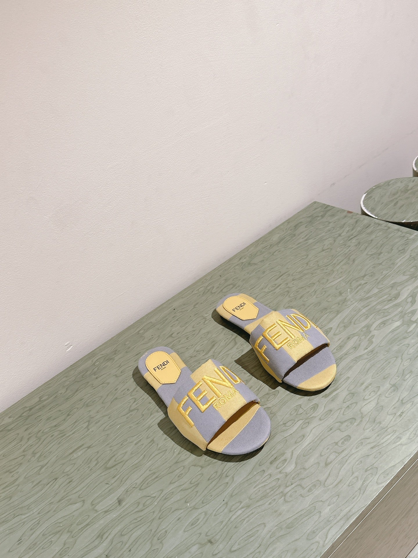 FENDI 26S SLIDE SANDALS IN YELLOW AND GREY CANVAS