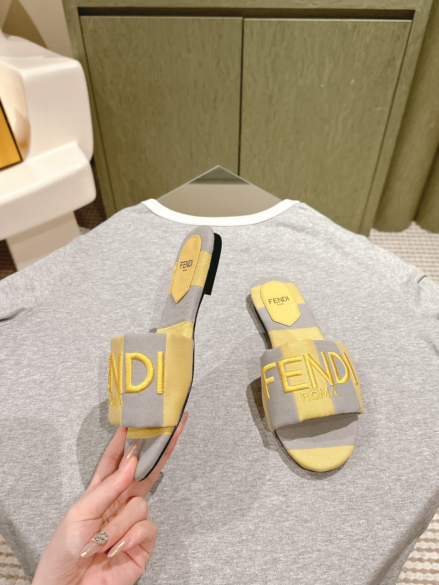 FENDI 26S SLIDE SANDALS IN YELLOW AND GREY CANVAS