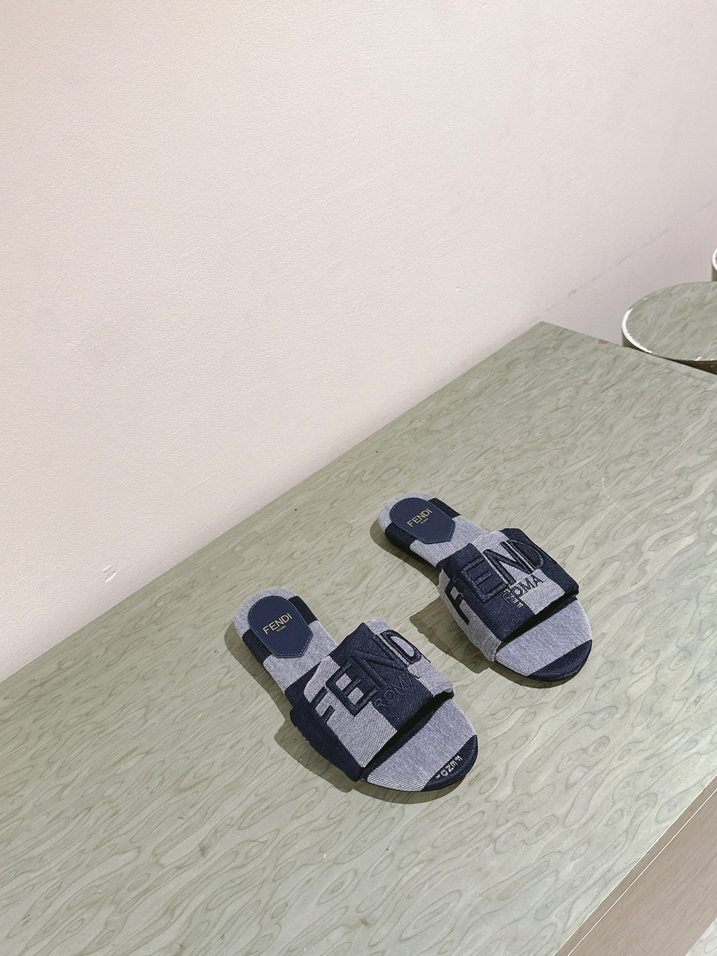 FENDI 26S SLIDE SANDALS IN DARK BLUE AND GREY CANVAS