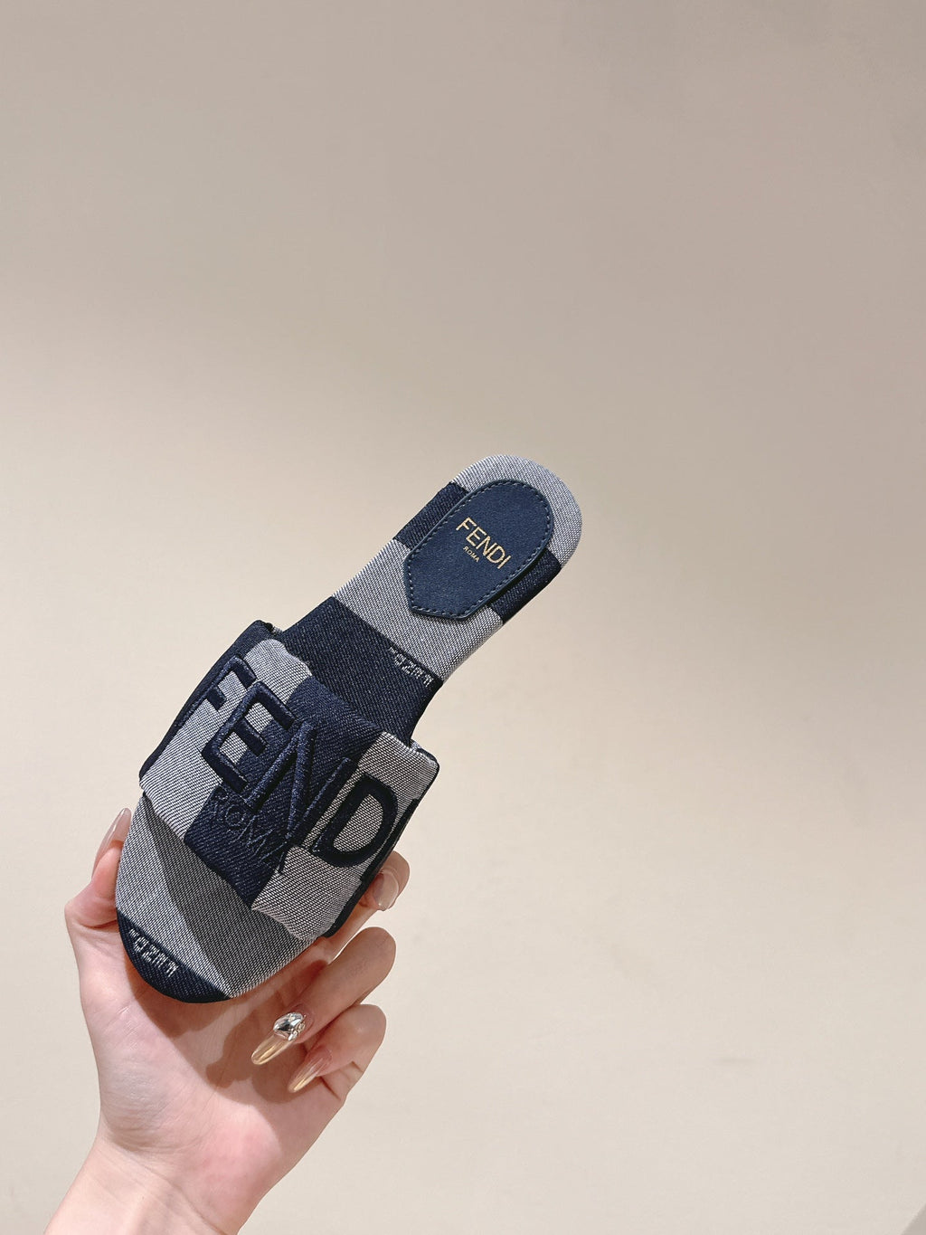 FENDI 26S SLIDE SANDALS IN DARK BLUE AND GREY CANVAS