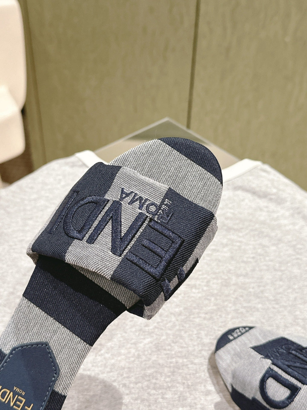 FENDI 26S SLIDE SANDALS IN DARK BLUE AND GREY CANVAS