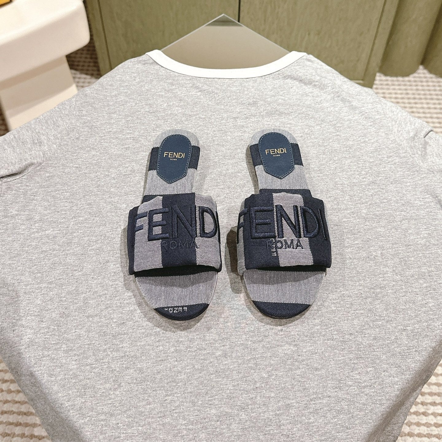 FENDI 26S SLIDE SANDALS IN DARK BLUE AND GREY CANVAS