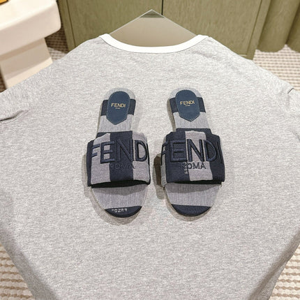 FENDI 26S SLIDE SANDALS IN DARK BLUE AND GREY CANVAS
