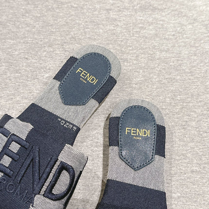 FENDI 26S SLIDE SANDALS IN DARK BLUE AND GREY CANVAS