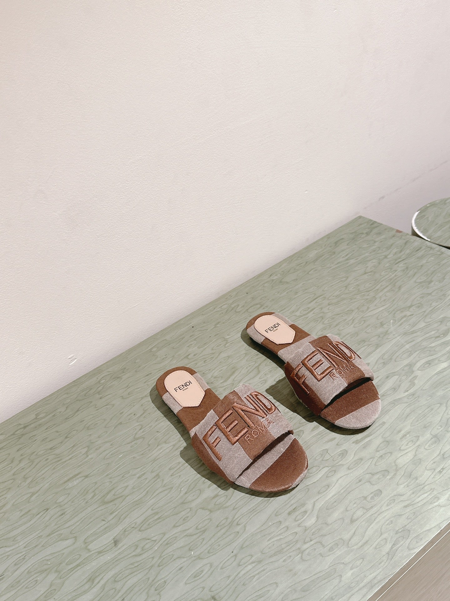 FENDI 26S SLIDE SANDALS IN BEIGE AND BROWN CANVAS