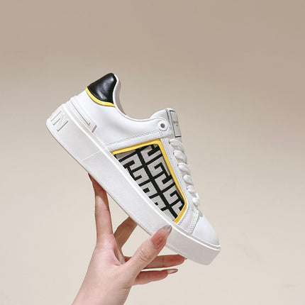 BALMAIN 26S SNEAKERS IN WHITE CALFSKIN AND BEIGE CANVAS