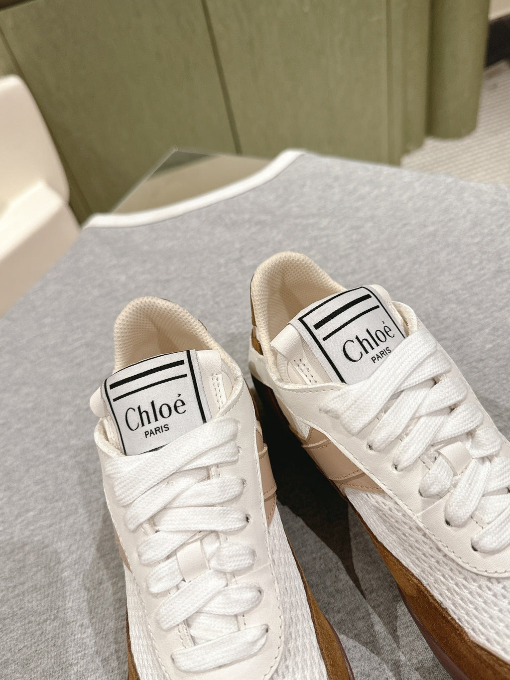 CHLOÉ 26S SNEAKERS IN WHITE MESH AND BROWN SUEDE