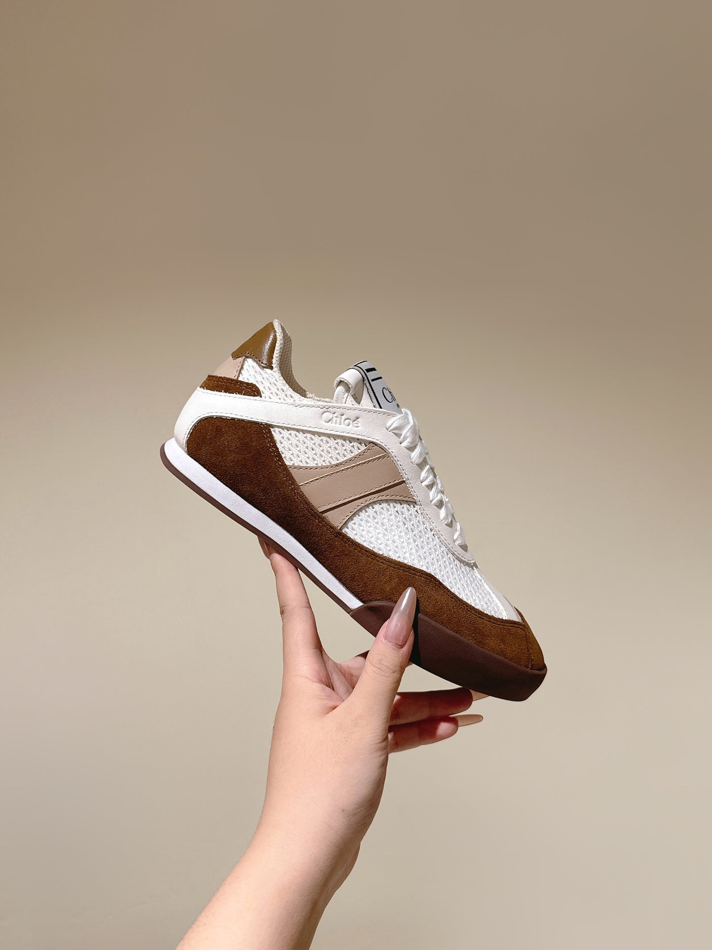 CHLOÉ 26S SNEAKERS IN WHITE MESH AND BROWN SUEDE