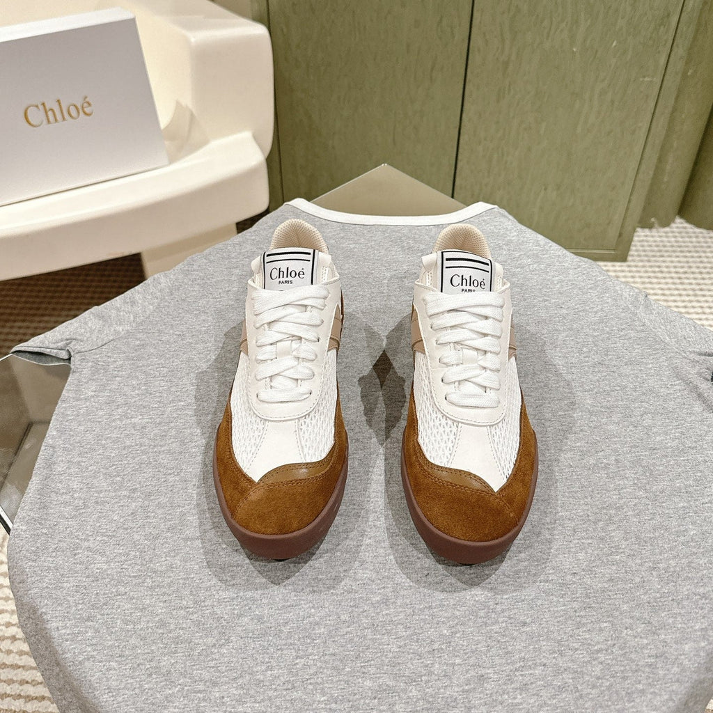 CHLOÉ 26S SNEAKERS IN WHITE MESH AND BROWN SUEDE