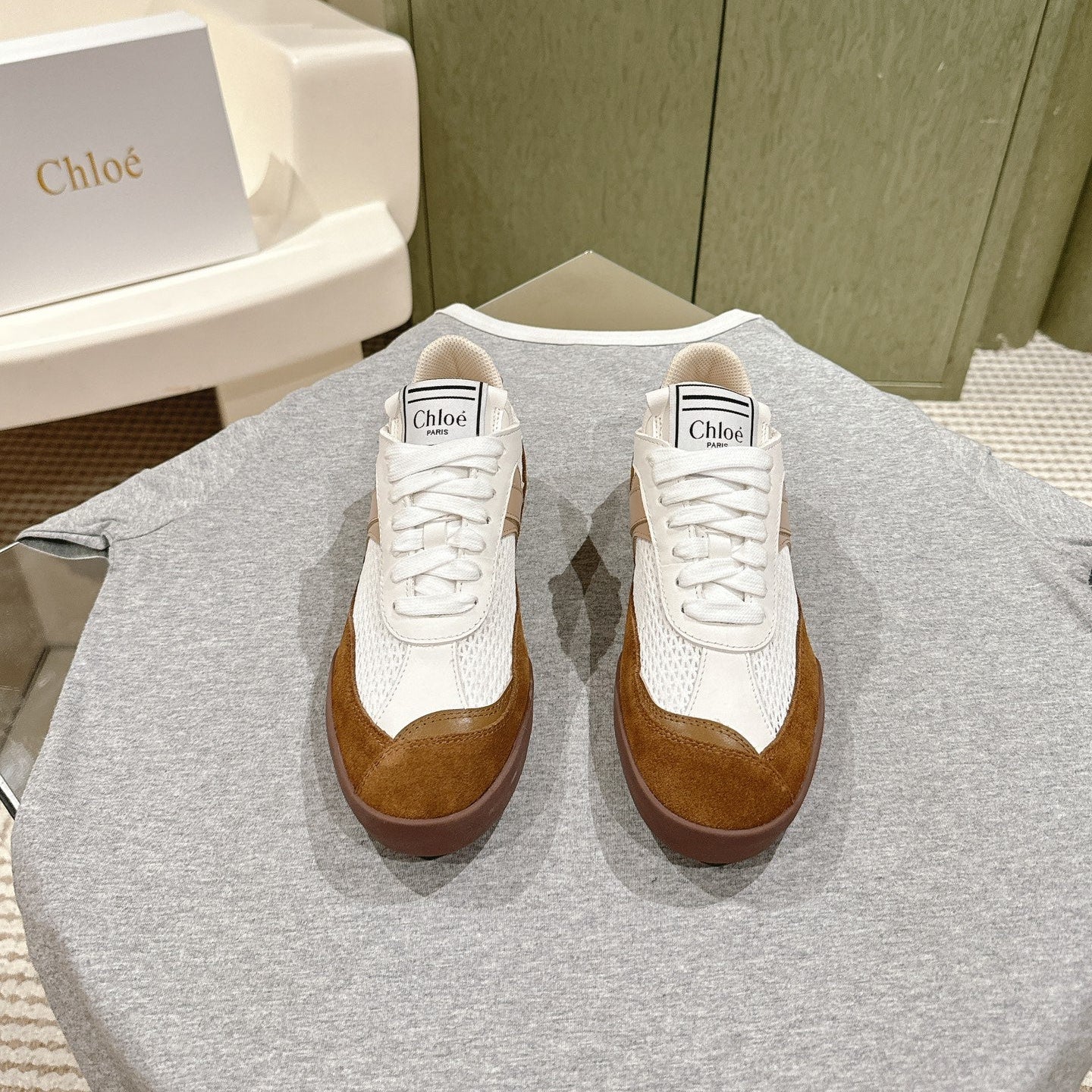 CHLOÉ 26S SNEAKERS IN WHITE MESH AND BROWN SUEDE