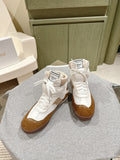 CHLOÉ 26S HIGH-TOP SNEAKERS IN WHITE CALFSKIN AND BROWN SUEDE