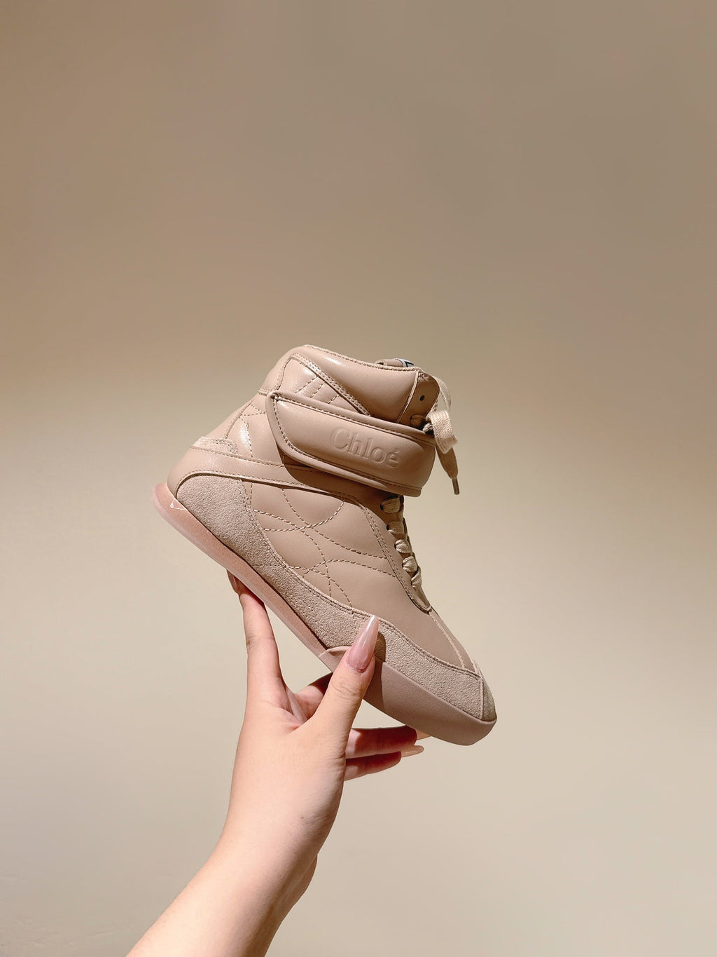 CHLOÉ 26S HIGH-TOP SNEAKERS IN BEIGE CALFSKIN