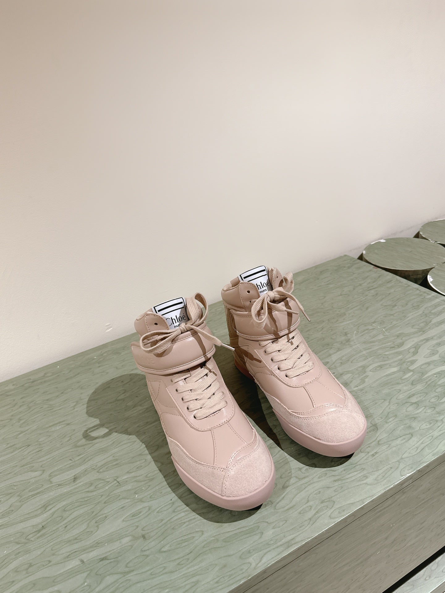 CHLOÉ 26S HIGH-TOP SNEAKERS IN BEIGE CALFSKIN